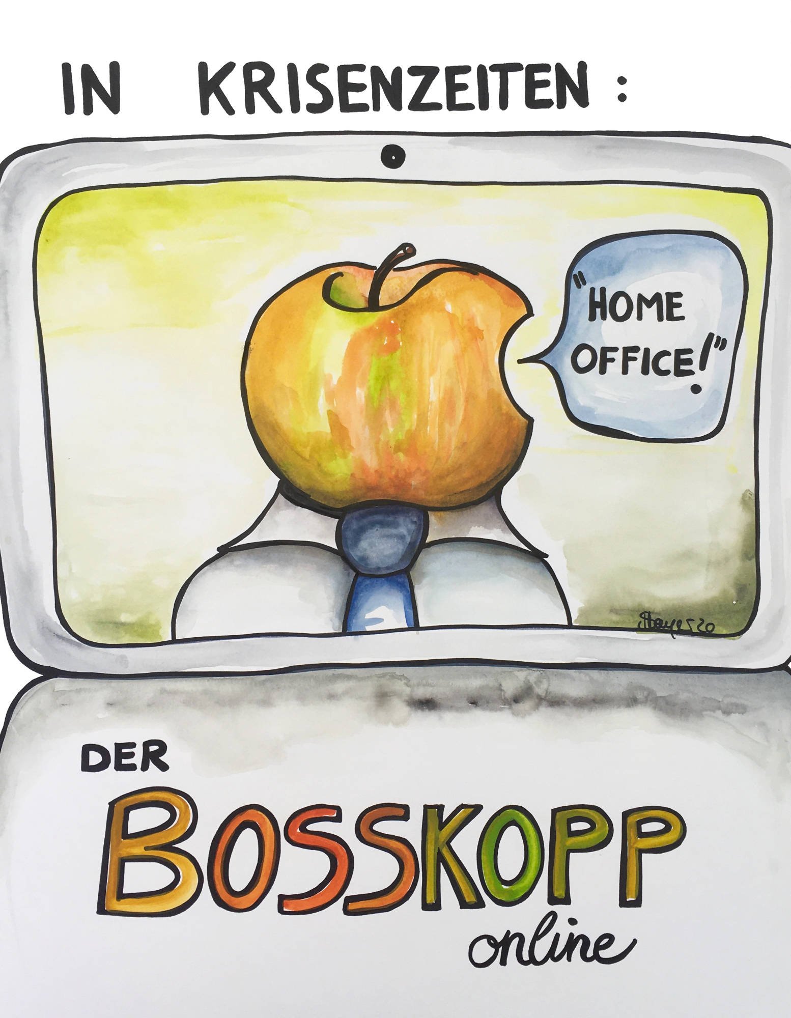 Bosskopp - Ein Mann mit Apfelkopf auf dem Bildschirm bei einer Videokonferenz