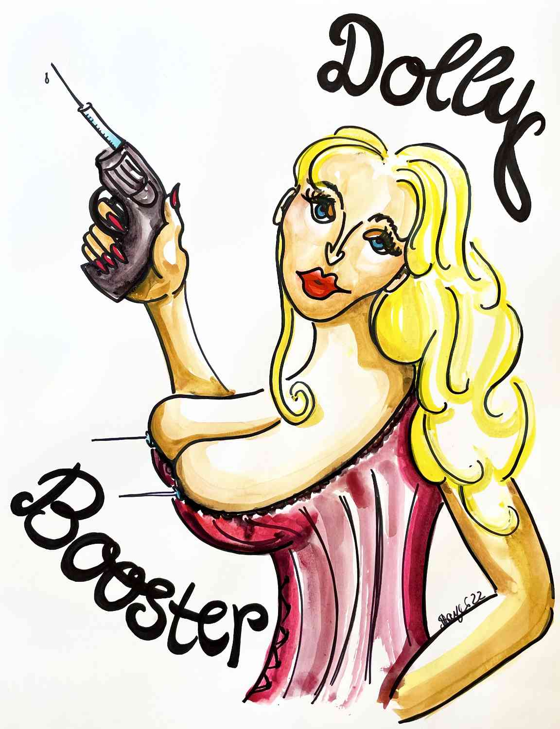 Dolly Booster - Blonde Frau mit Spritzen als Brustwarzen und einem Spritzenrevolver im Mieder