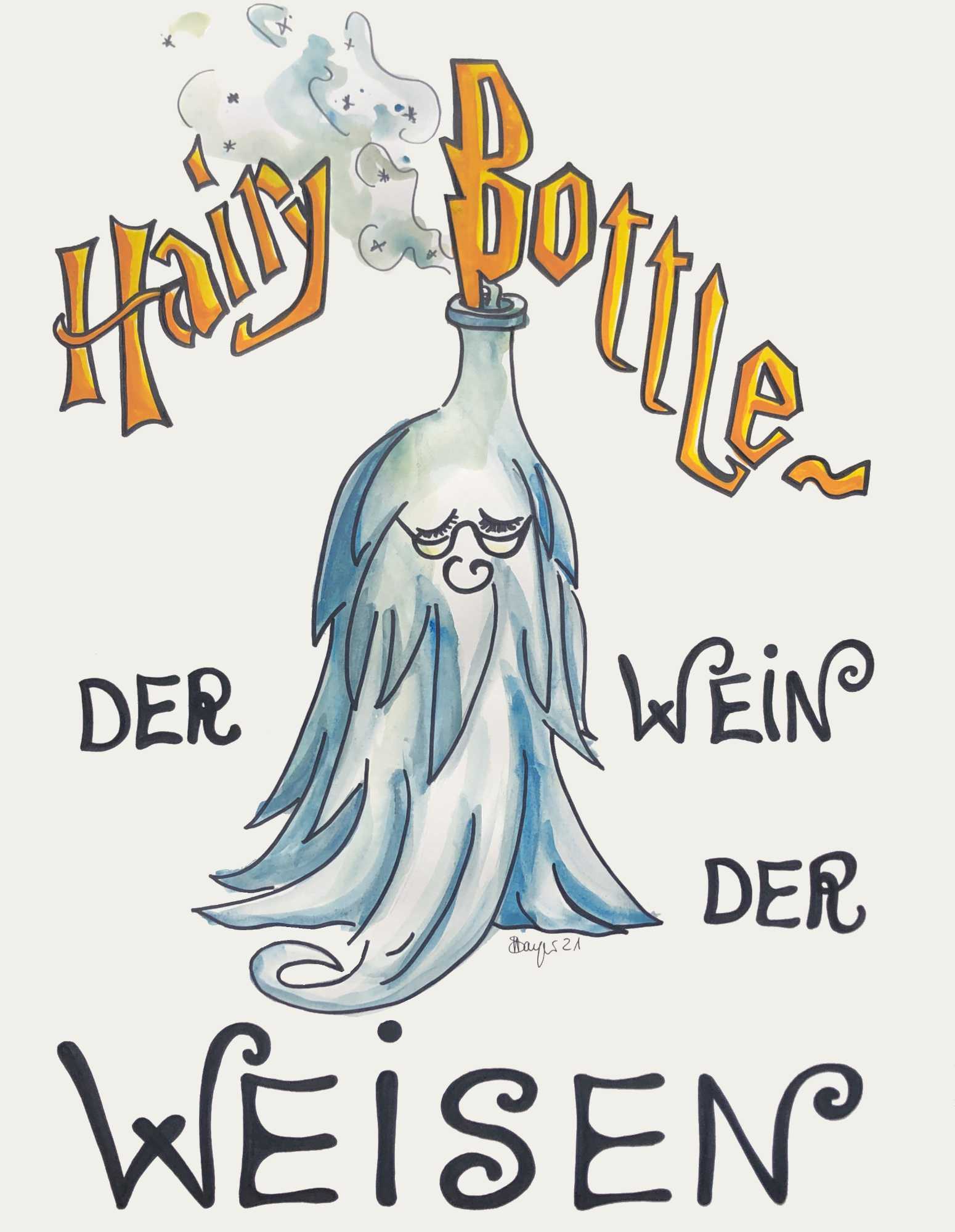 Hairy Bottle - Schriftzug von Harry Potter mit dem folgenden Text: Hairy Bottle - der Wein der Weisen. Text umschließt weißbehaarte Flasche.