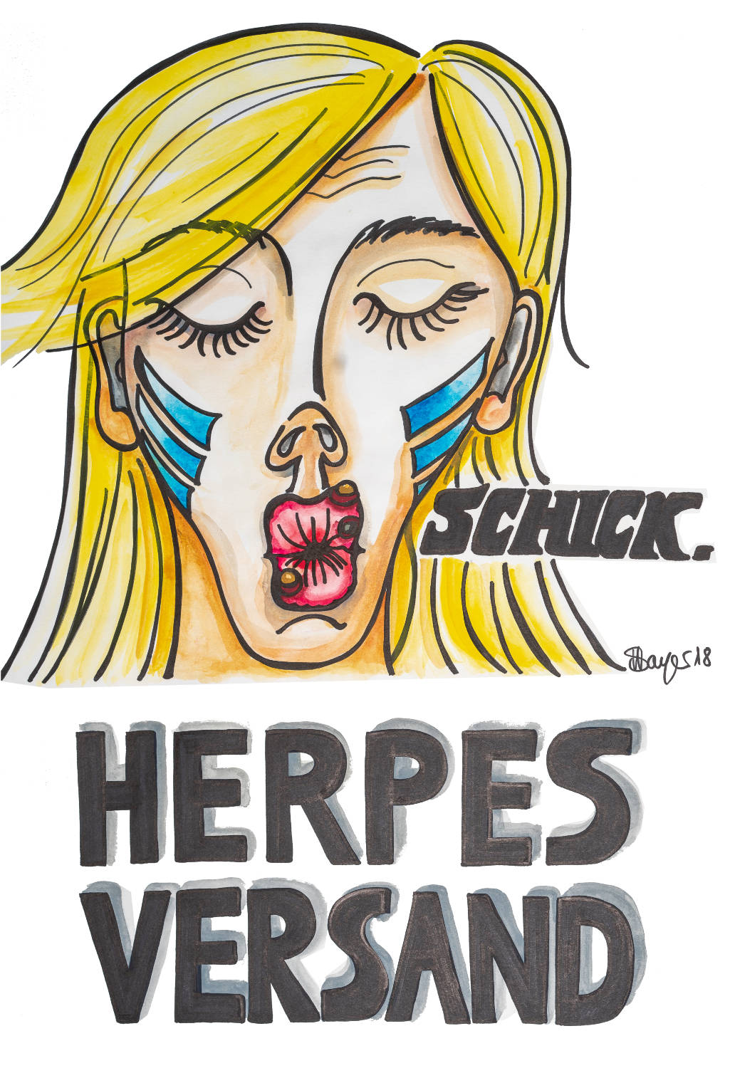 Eine Illustration mit einer Frau, die Herpesbläschen am Mund hat. Außerdem trägt sie das Logo von HERMES auf den Wangen. Darunter steht: HERPES VERRSAND.