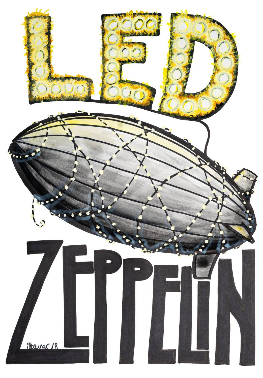 LED Zeppelin - Zeichnung eines Zeppelins mit LEDs umwickelt.