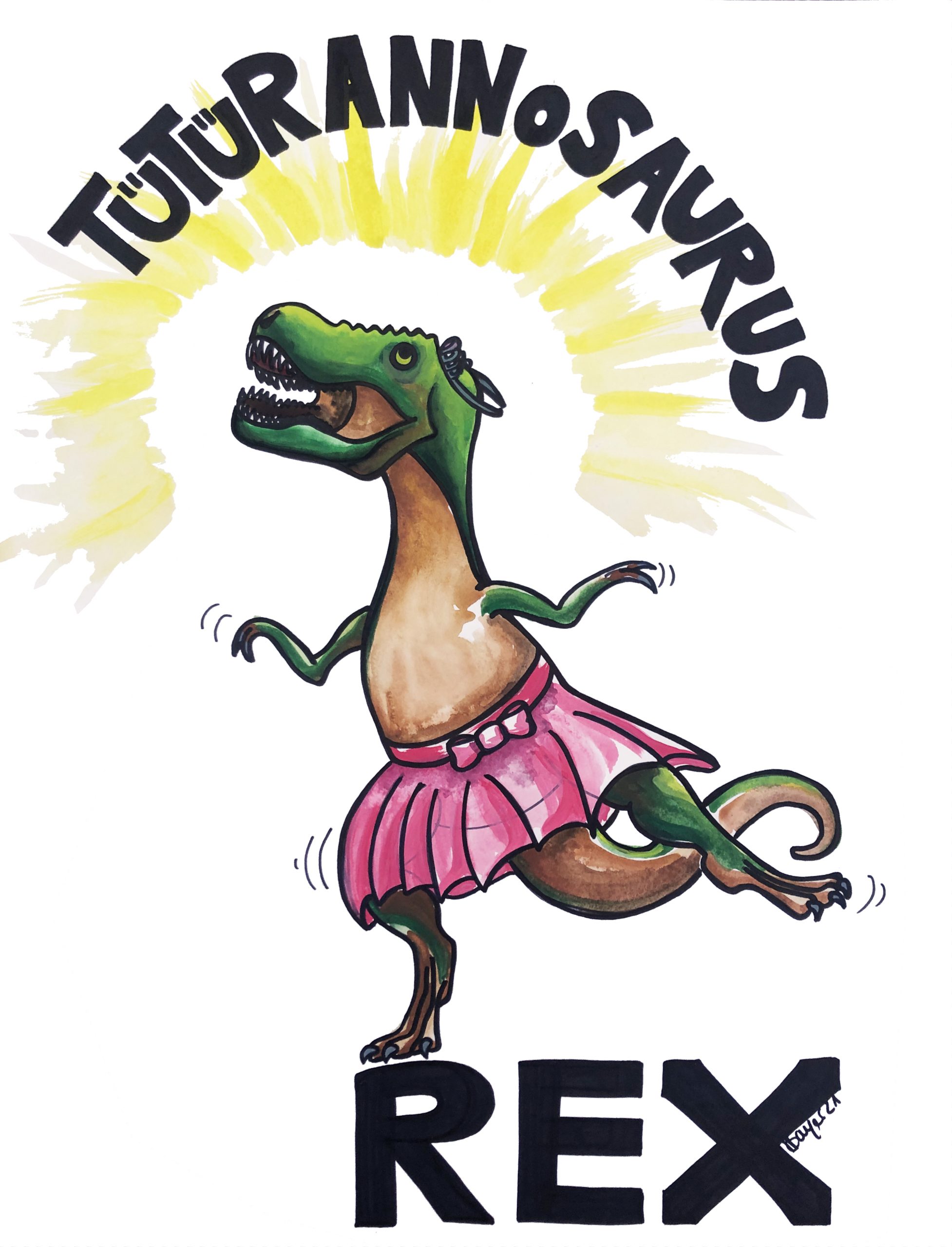 Eine Illustration mit einem T-REX der ein Tütü trägt. Schrift dazu: Tütürannosaurus Rex